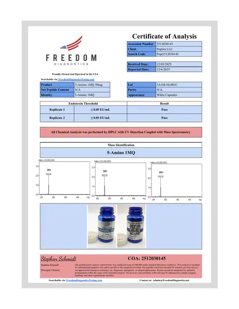 Page 1 of the certificate of analysis for 5-Amino 1MQ Caps 50 mg 60ct lot 5A1M-50-001C (Freedom Diagnostics)