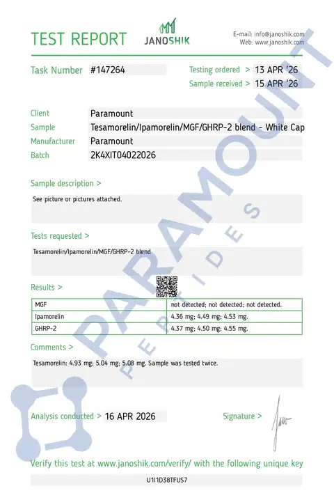 Page 1 of the certificate of analysis for GHRP-2 (5mg) lot 2K4X1T04022026 (Janoshik)