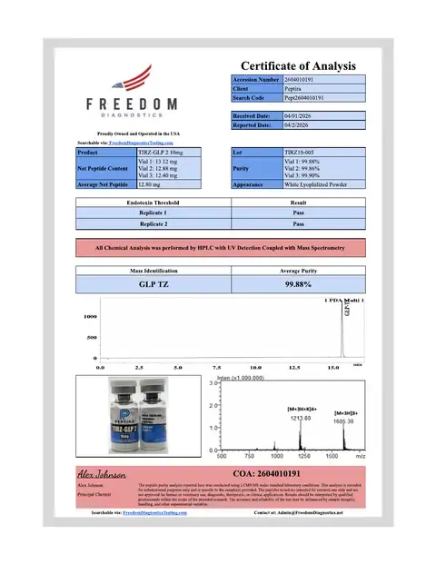 Page 1 of the certificate of analysis for TIRZ-2 Vial 10 mg lot TIRZ10-005 (Freedom Diagnostics)