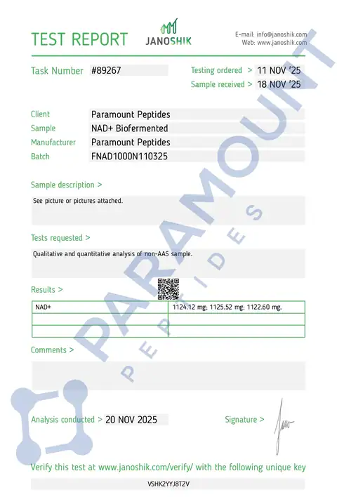 Page 1 of the certificate of analysis for NAD+ (1000mg) Biofermented (5ml Vial) lot FNAD1000N110325 (Janoshik)