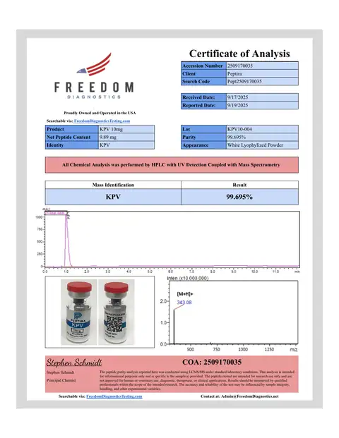 Page 1 of the certificate of analysis for KPV Vial 10 mg lot KPV10-004 (Freedom Diagnostics)