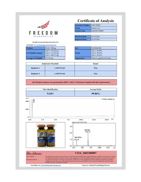Page 1 of the certificate of analysis for NAD+ Vial 500 mg lot NAD500-008 (Freedom Diagnostics)