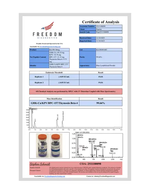 Page 1 of the certificate of analysis for KLOW Vial 80 mg lot KLOW80-003 (Freedom Diagnostics)