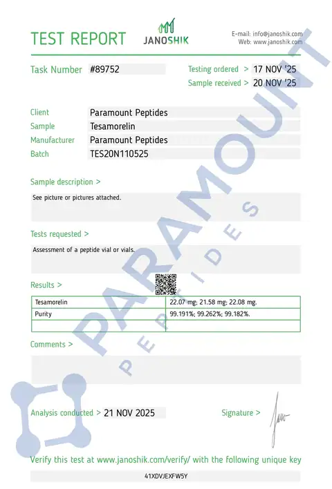 Page 1 of the certificate of analysis for Tesamorelin (10mg) lot TES20N110525 (Janoshik)
