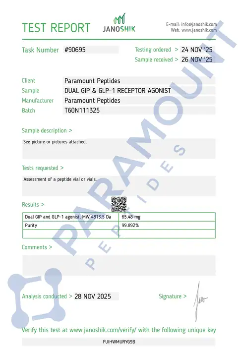 Page 1 of the certificate of analysis for GLP-2 T - 60mg lot T60N111325 (Janoshik)