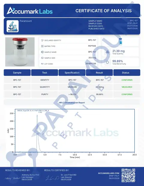 Page 1 of the certificate of analysis for BPC-157 (20mg) lot 26VBPC136 (Accumark Labs)