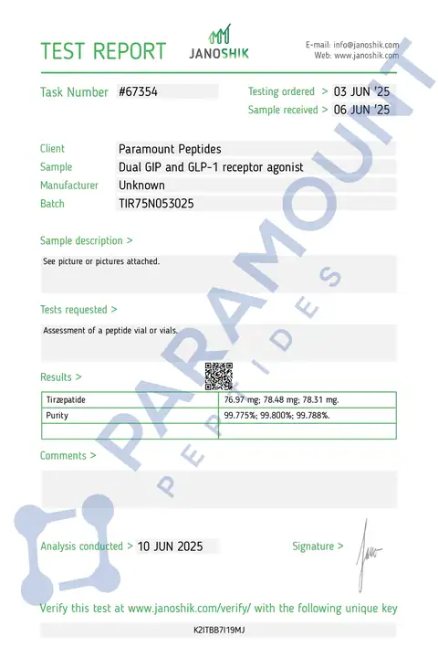 Page 1 of the certificate of analysis for GLP-2 T - 75mg lot TIR75N053025 (Janoshik)