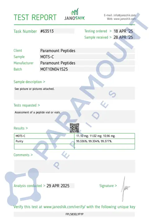 Page 1 of the certificate of analysis for MOTs-C (10mg) lot MOT10N041525 (Janoshik)