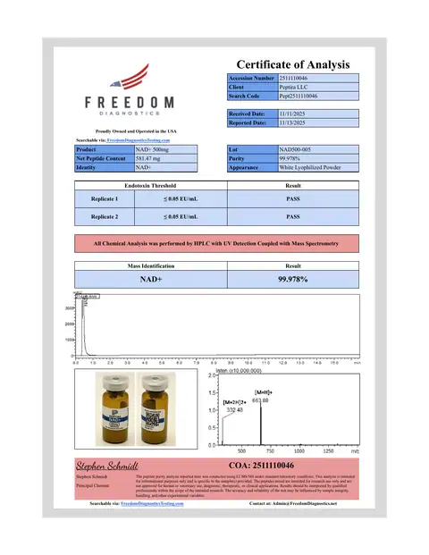 Page 1 of the certificate of analysis for NAD+ Vial 500 mg lot NAD500-005 (Freedom Diagnostics)
