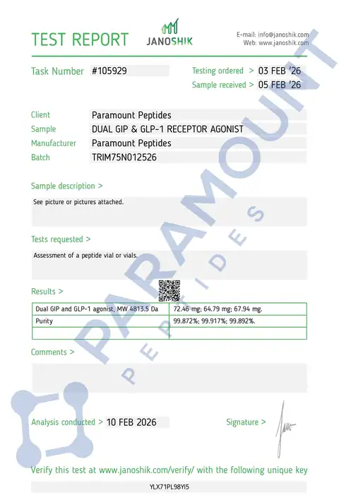 Page 1 of the certificate of analysis for GLP-2 T - 60mg lot TRIM75N012526 (Janoshik)