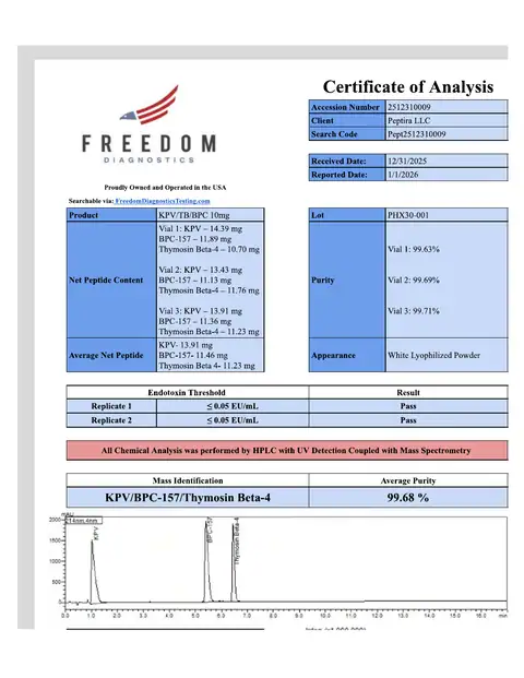 Page 1 of the certificate of analysis for KPV/TB/BPC (Phoenix) Vial 30 mg lot PHX30-001 (Freedom Diagnostics)