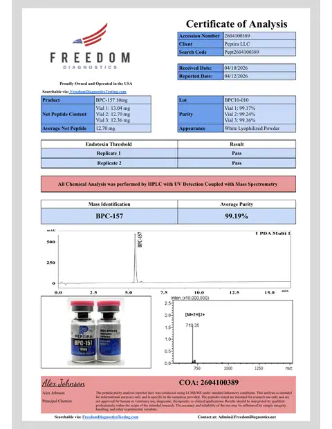Page 1 of the certificate of analysis for BPC-157 Vial 10 mg lot BPC10-010 (Freedom Diagnostics)