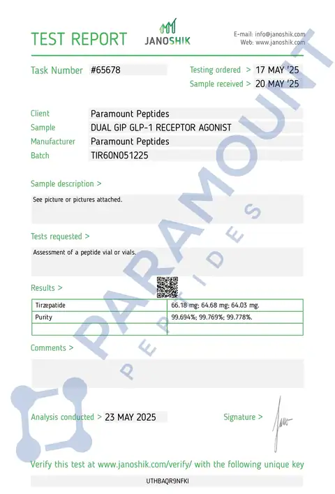 Page 1 of the certificate of analysis for GLP-2 T - 60mg lot TIR60N051225 (Janoshik)