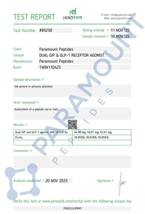Page 1 of the certificate of analysis for GLP-2 T - 40mg lot T40N110425 (Janoshik)