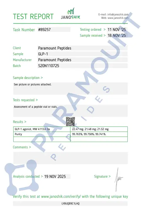 Page 1 of the certificate of analysis for GLP-1 S - 20mg lot $20N110725 (Janoshik)
