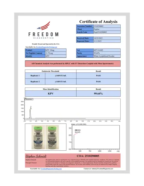 Page 1 of the certificate of analysis for KPV Vial 10 mg lot KPV10-005 (Freedom Diagnostics)