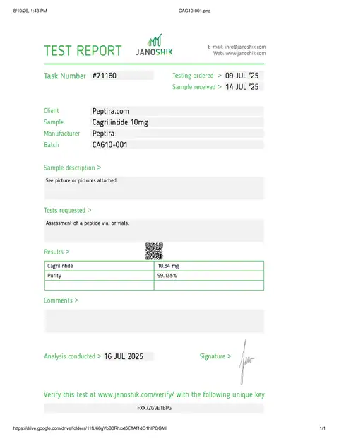 Page 1 of the certificate of analysis for CAG-4 Vial 10 mg lot CAG10-001 (Janoshik)