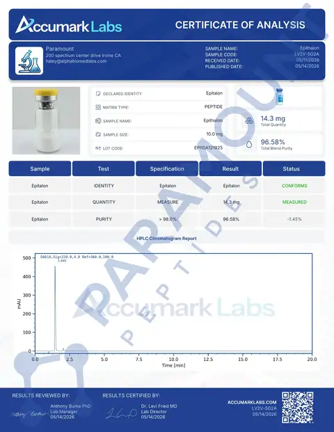 Page 1 of the certificate of analysis for Epithalon (10mg) lot EPI10A121925 (Accumark Labs)