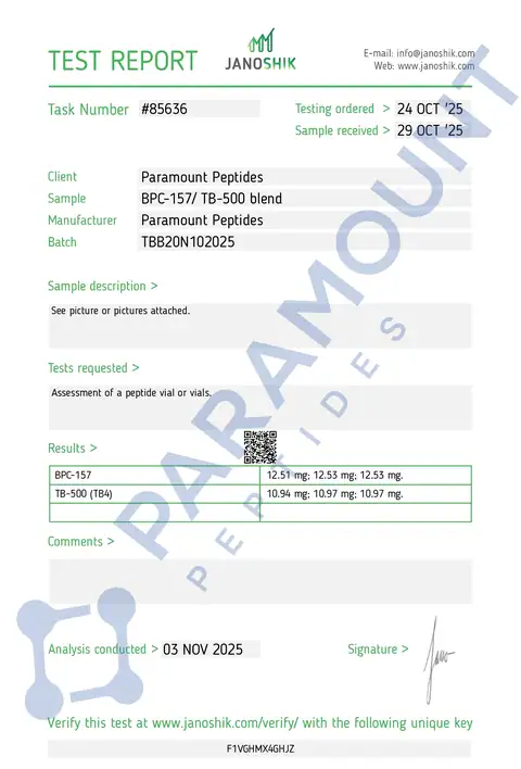 Page 1 of the certificate of analysis for Wolverine Blend - BPC-157 (10mg) / TB500 (10mg) lot TBB20N102025 (Janoshik)