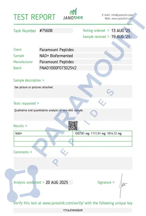 Page 1 of the certificate of analysis for NAD+ (1000mg) Biofermented (5ml Vial) lot FNAD1000F073025V2 (Janoshik)