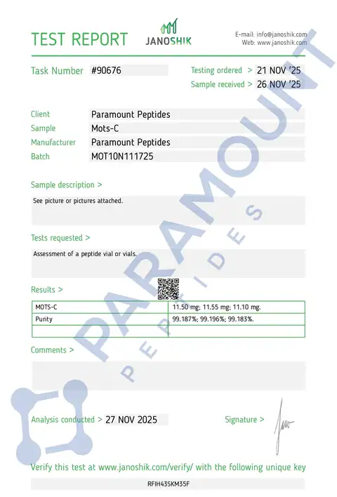 Page 1 of the certificate of analysis for MOTs-C (10mg) lot MOT10N111725 (Janoshik)