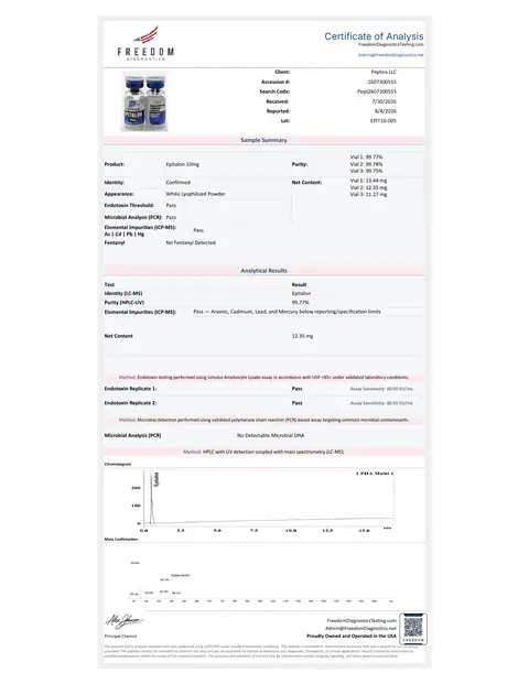 Page 1 of the certificate of analysis for Epitalon Vial 10 mg lot EPIT10-005 (Freedom Diagnostics)