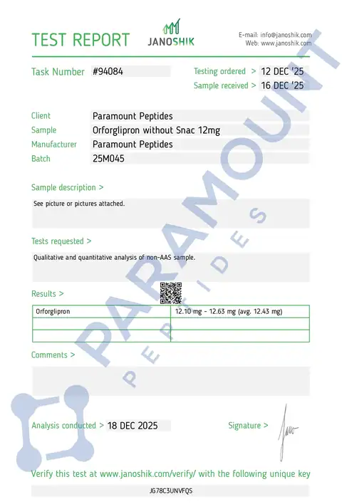 Page 1 of the certificate of analysis for Orforglipron (12mg) x 60 Tablets lot 25M045 (Janoshik)