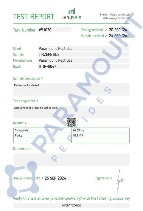 Page 1 of the certificate of analysis for GLP-2 T - 60mg lot HTIR-0047 (Janoshik)