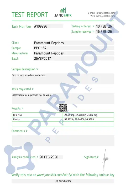 Page 1 of the certificate of analysis for BPC-157 (20mg) lot 26VBPCO17 (Janoshik)