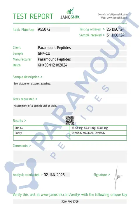 Page 1 of the certificate of analysis for GHK-Cu (50mg) lot GHK50N12182024 (Janoshik)