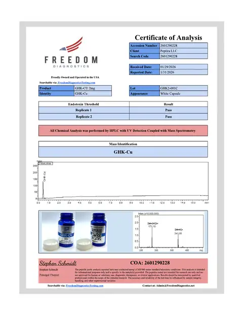 Page 1 of the certificate of analysis for GHK-Cu Caps 2 mg 60ct lot GHK2-001C (Freedom Diagnostics)