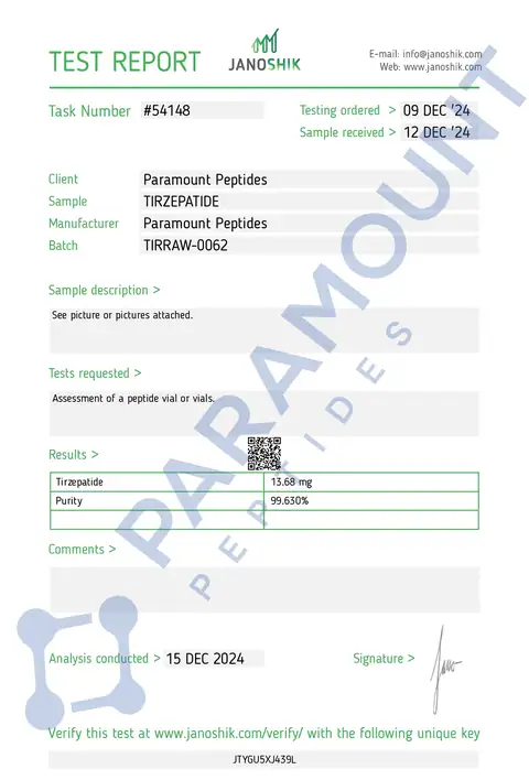 Page 1 of the certificate of analysis for GLP-2 T - 10mg lot TIRRAW-0062 (Janoshik)