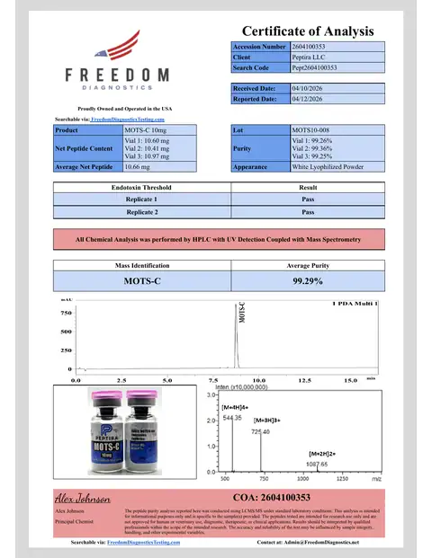 Page 1 of the certificate of analysis for MOTS-C Vial 10 mg lot MOTS10-008 (Freedom Diagnostics)