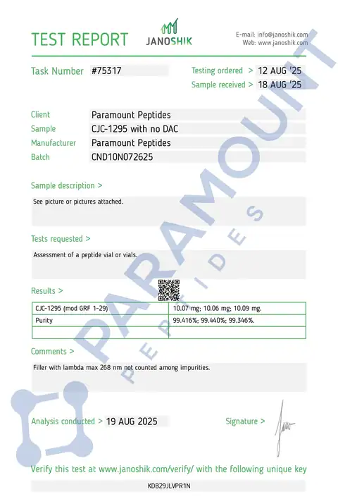 Page 1 of the certificate of analysis for CJC-1295 - No DAC (10mg) lot CND10N072625 (Janoshik)