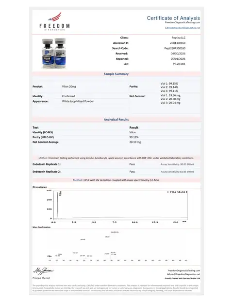 Page 1 of the certificate of analysis for Vilon Vial 20 mg lot VIL20-001 (Freedom Diagnostics)