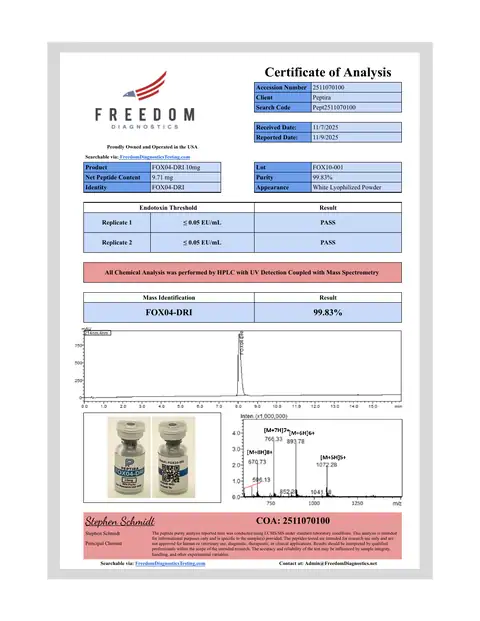 Page 1 of the certificate of analysis for FOX04-DRI Vial 10 mg lot FOX10-001 (Freedom Diagnostics)