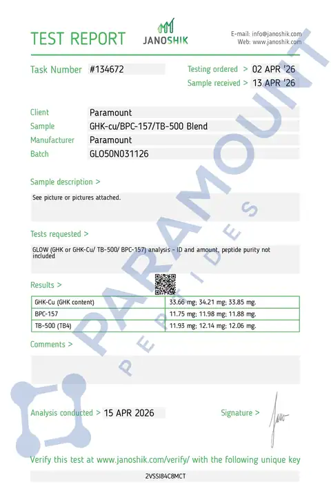 Page 1 of the certificate of analysis for GLOW 50 GHK-CU (30mg) / BPC-157 (10mg) / TB500 (10mg) lot GLO50N031126 (Janoshik)