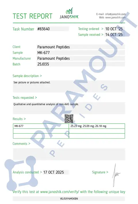 Page 1 of the certificate of analysis for MK-677 (25mg) x 60 Tablets lot 25J035 (Janoshik)