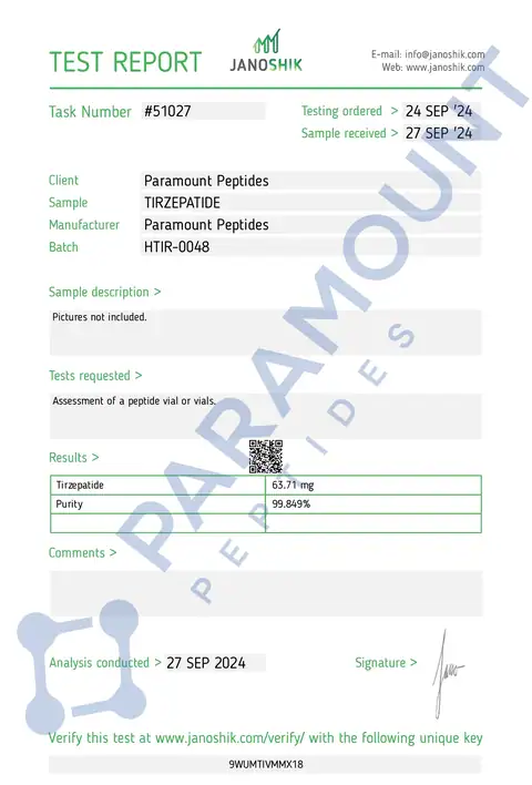 Page 1 of the certificate of analysis for GLP-2 T - 60mg lot HTIR-0048 (Janoshik)