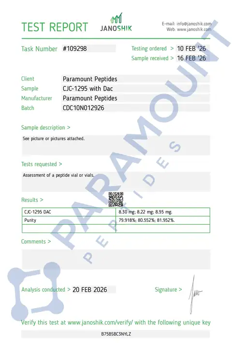 Page 1 of the certificate of analysis for CJC-1295 - With DAC (10mg) lot CDC10N012926 (Janoshik)