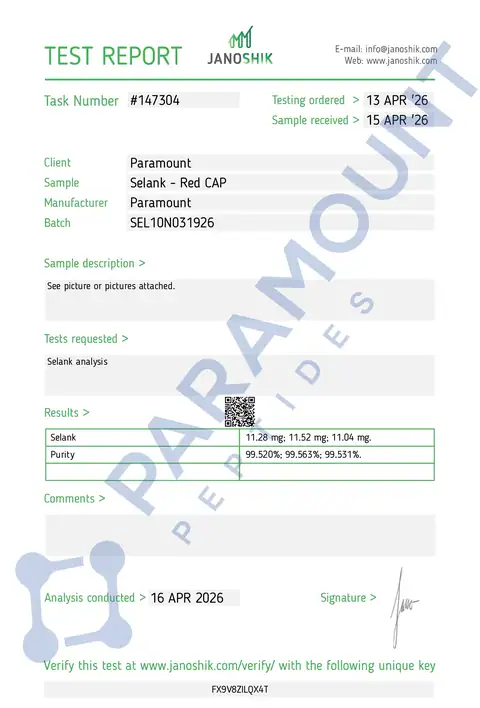 Page 1 of the certificate of analysis for Selank (10mg) lot SEL10N031926 (Janoshik)