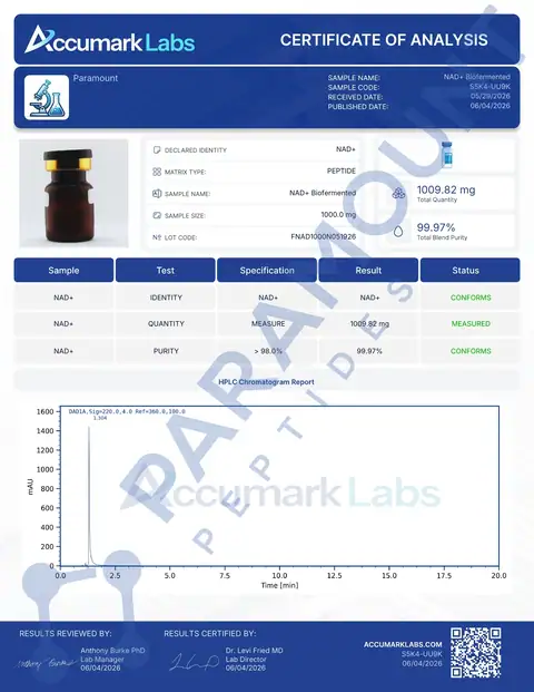 Page 1 of the certificate of analysis for NAD+ (1000mg) Biofermented (5ml Vial) lot FNAD1000N051926 (Accumark Labs)