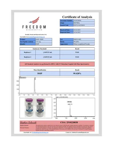 Page 1 of the certificate of analysis for DSIP Vial 10 mg lot DISP10-002 (Freedom Diagnostics)