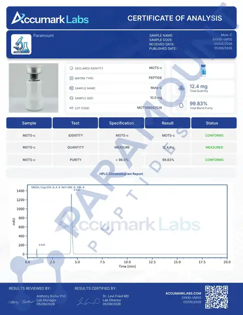Page 1 of the certificate of analysis for MOTs-C (10mg) lot MOT10N042526 (Accumark Labs)