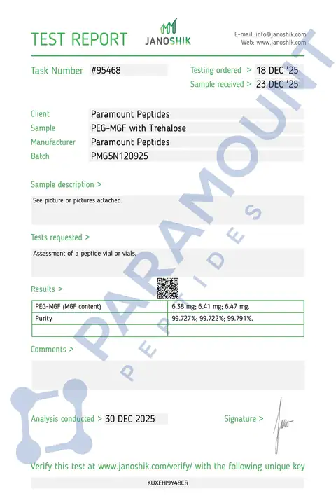 Page 1 of the certificate of analysis for PEG MGF (5mg) lot PMG5N120925 (Janoshik)