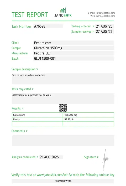 Page 1 of the certificate of analysis for Glutathione Vial 1500 mg lot GLUT1500-001 (Janoshik)