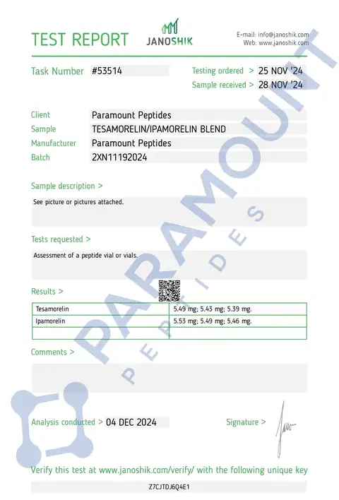 Page 1 of the certificate of analysis for 2X Blend Tesamorelin (5mg) / Ipamorelin (5mg) Research Bundle lot 2XN11192024 (Janoshik)