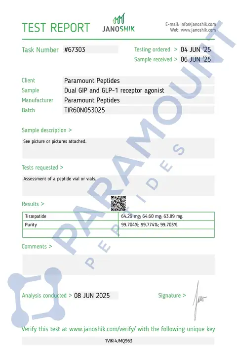 Page 1 of the certificate of analysis for GLP-2 T - 60mg lot TIR60N053025 (Janoshik)