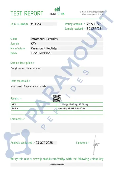 Page 1 of the certificate of analysis for KPV (10mg) lot KPV10N091825 (Janoshik)