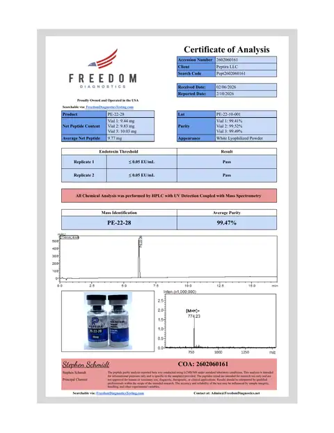 Page 1 of the certificate of analysis for PE-22-28 Vial 10 mg lot PE-22-10-001 (Freedom Diagnostics)